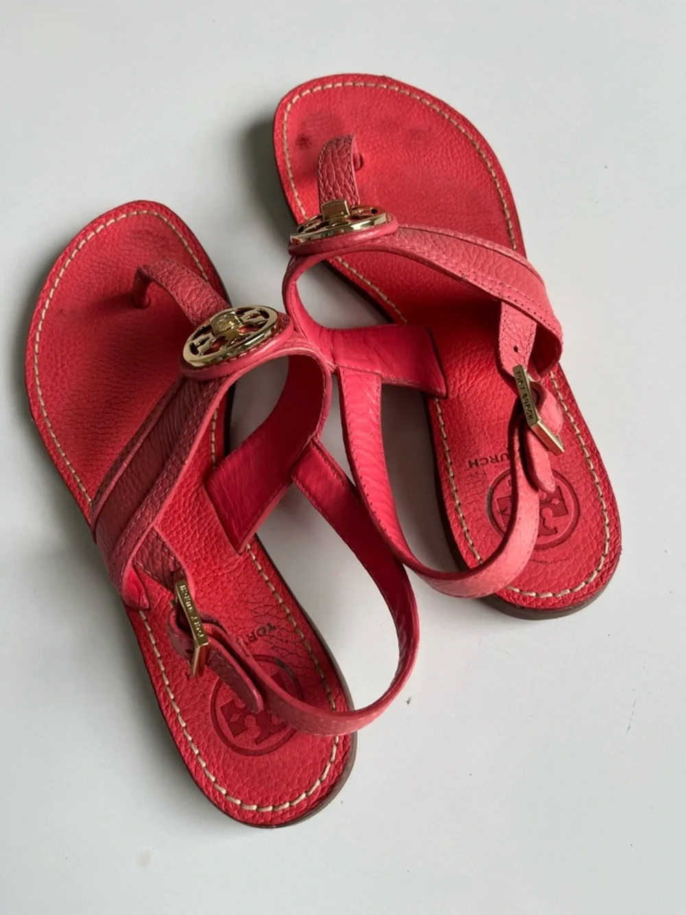Tory Burch pink coral Leather Logo Medallion Slingback Sandals